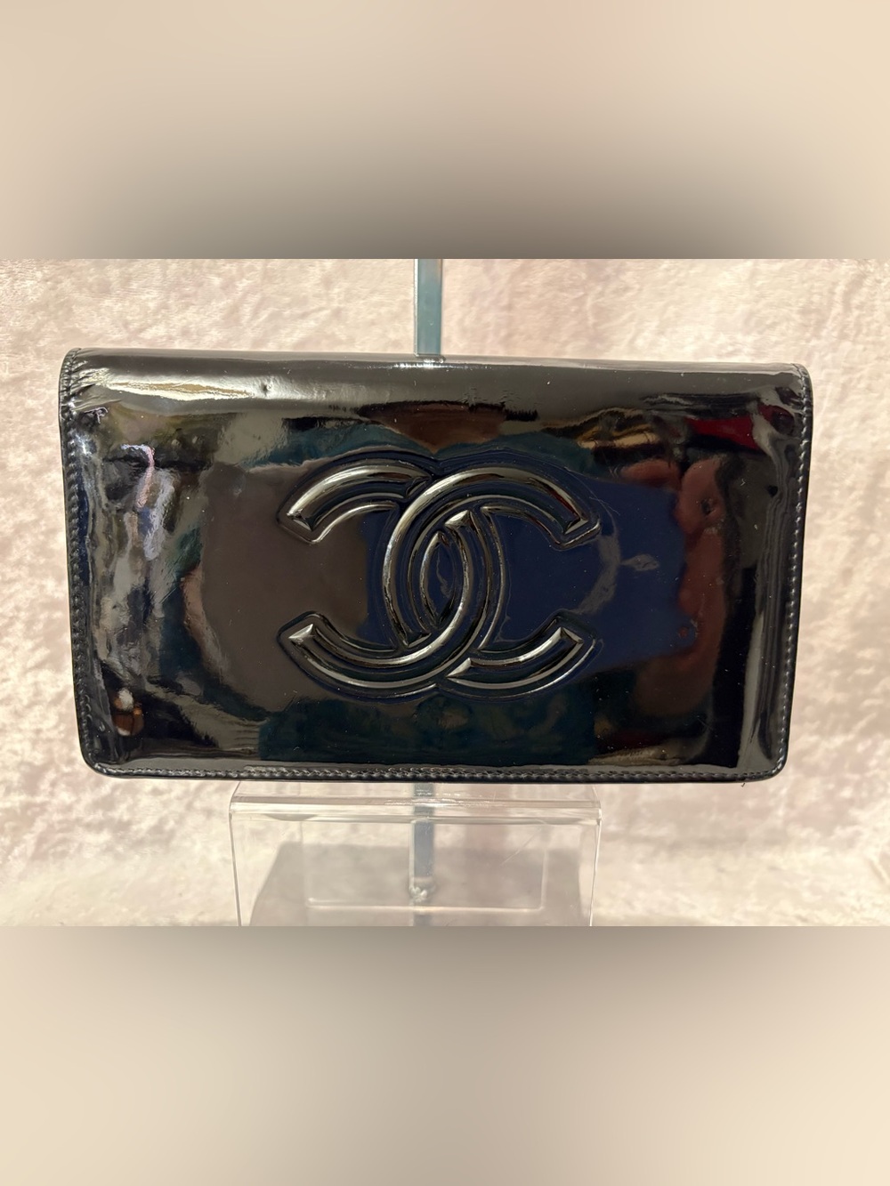 Chanel Camellia Make-Up Pallette Long Wallet in Black Patent Leather COA